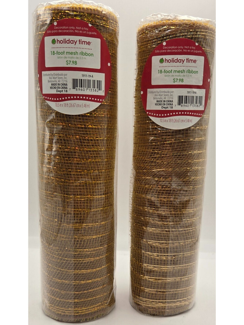 Holiday Time Gold Mesh Ribbon Lot of 2 18 Foot Christmas Decor New Sealed